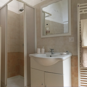 A photo of the bathroom with the sink and the shower